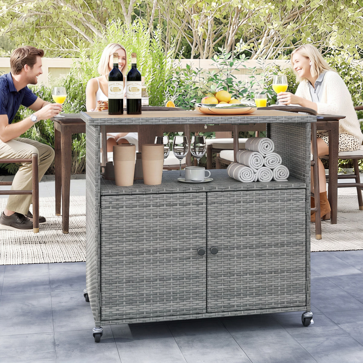 Outdoor Storage Cabinet with Acacia Wood Top and Lockable Wheels-Gray view 2