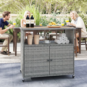Outdoor Storage Cabinet with Acacia Wood Top and Lockable Wheels-Gray view 2