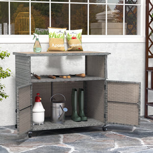 Outdoor Storage Cabinet with Acacia Wood Top and Lockable Wheels-Gray view 3