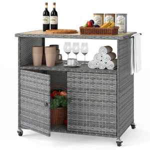 Outdoor Storage Cabinet with Acacia Wood Top and Lockable Wheels-Gray view 4