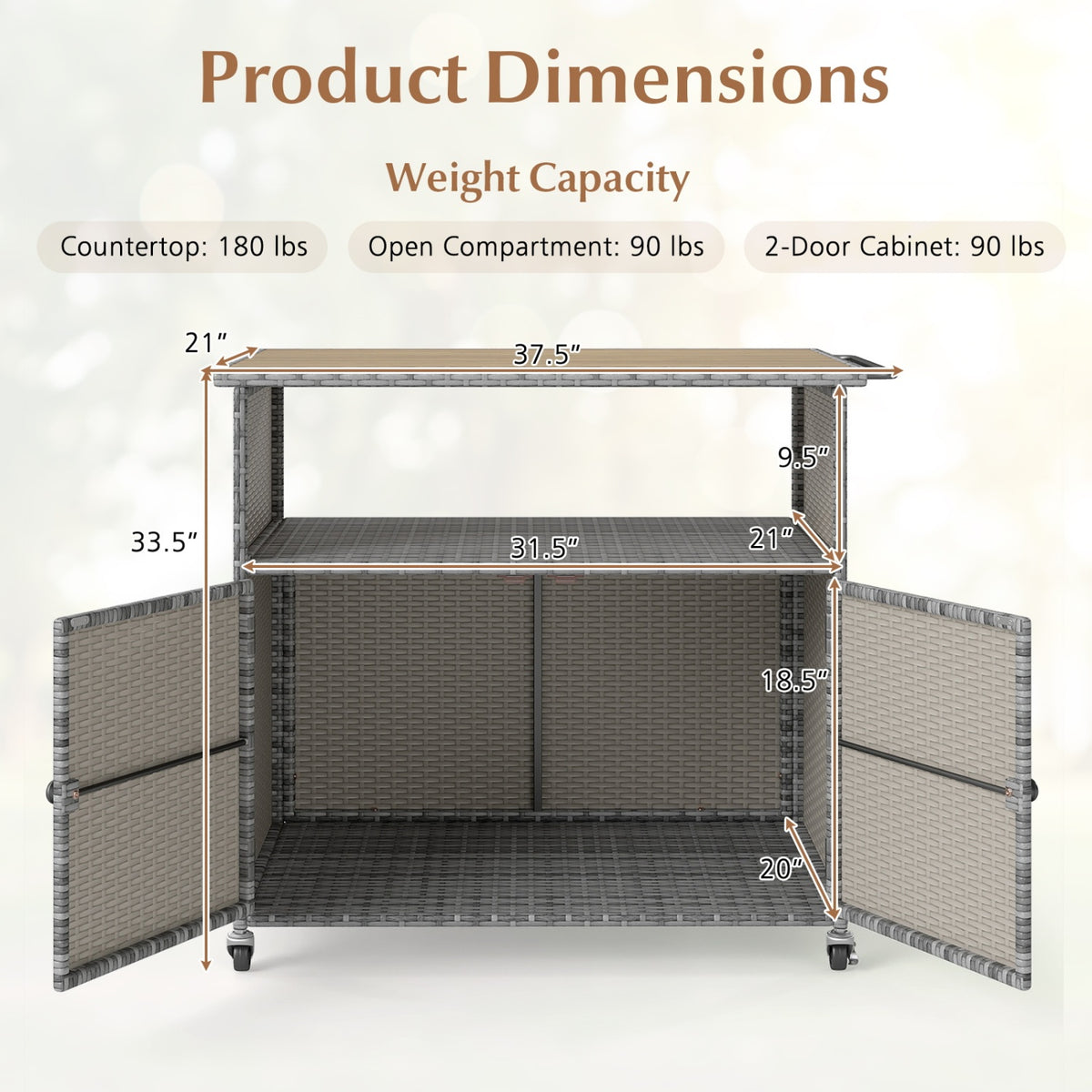 Outdoor Storage Cabinet with Acacia Wood Top and Lockable Wheels-Gray view 5