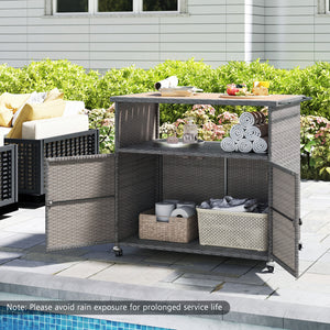 Outdoor Storage Cabinet with Acacia Wood Top and Lockable Wheels-Gray view 6