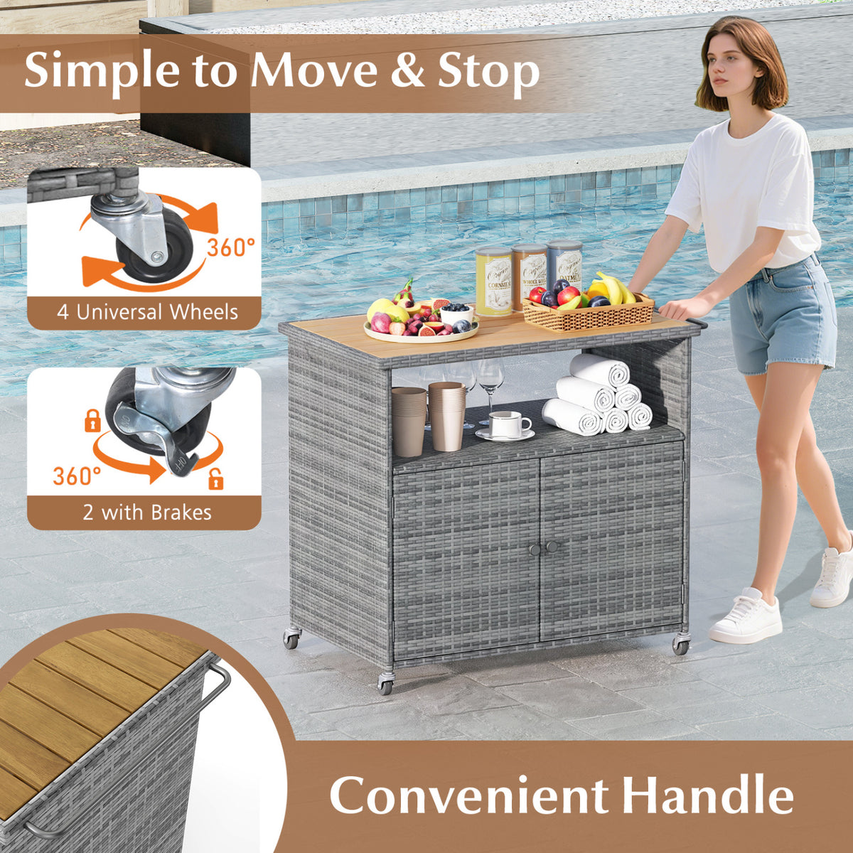 Outdoor Storage Cabinet with Acacia Wood Top and Lockable Wheels-Gray view 8