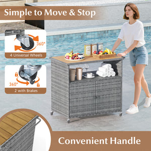 Outdoor Storage Cabinet with Acacia Wood Top and Lockable Wheels-Gray view 8