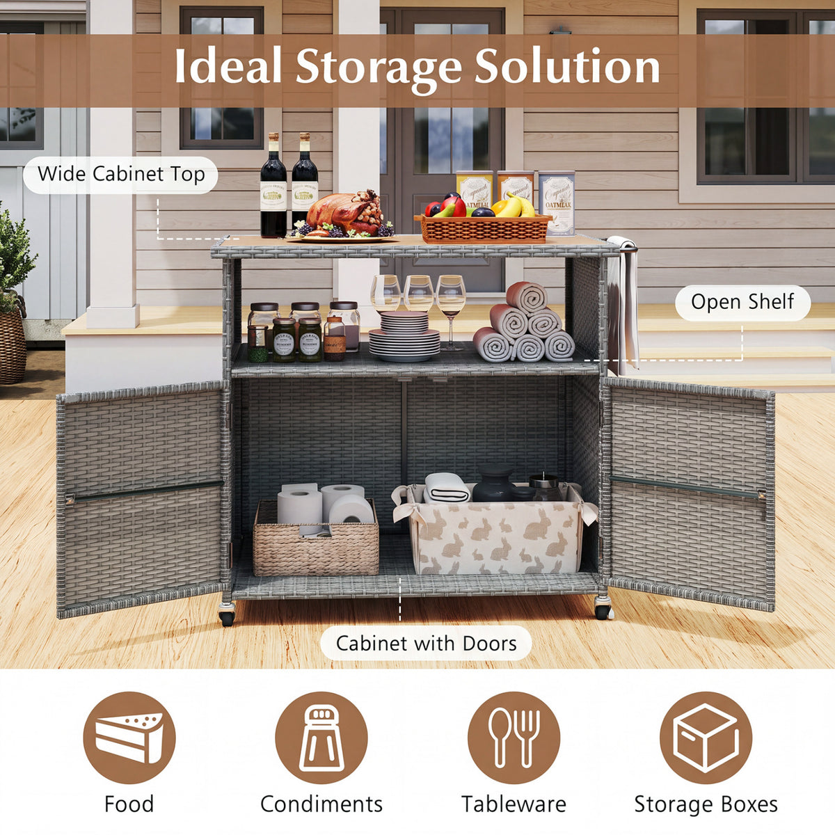 Outdoor Storage Cabinet with Acacia Wood Top and Lockable Wheels-Gray view 9