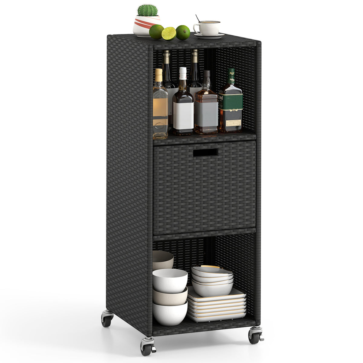 Outdoor Storage Cabinet with Drawer and 3 Shelves for Backyard-Black