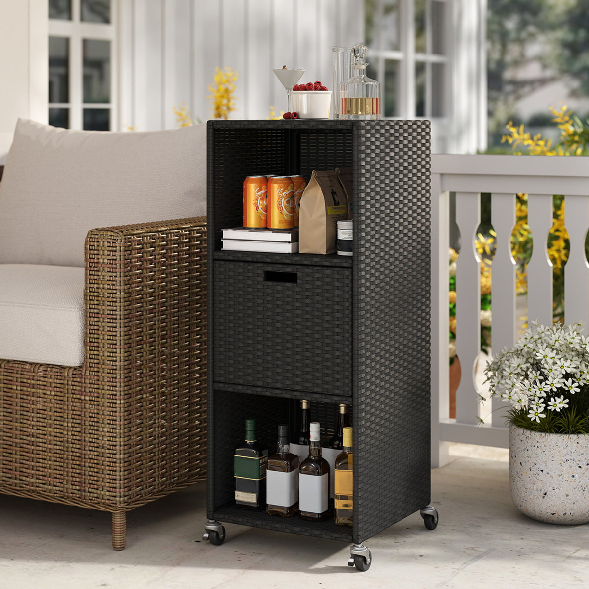 Outdoor Storage Cabinet with Drawer and 3 Shelves for Backyard-Black view 2
