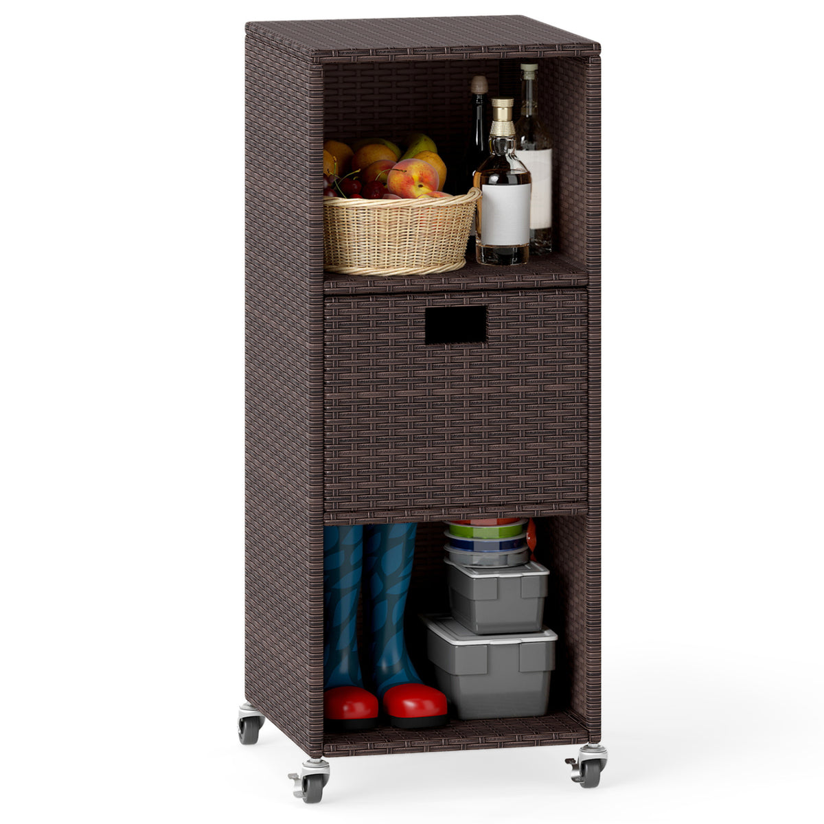 Outdoor Storage Cabinet with Drawer and 3 Shelves for Backyard-Brown