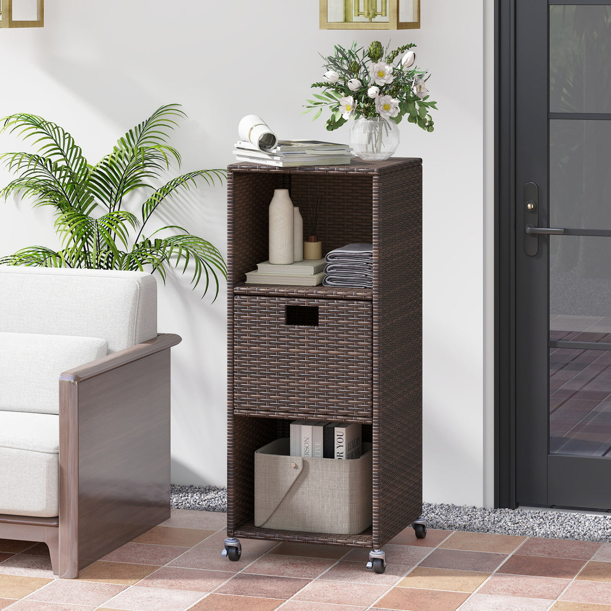 Outdoor Storage Cabinet with Drawer and 3 Shelves for Backyard-Brown view 3