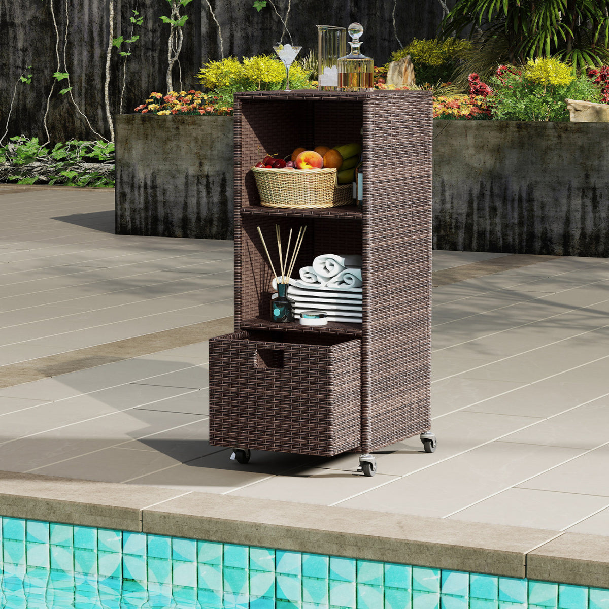 Outdoor Storage Cabinet with Drawer and 3 Shelves for Backyard-Brown view 5