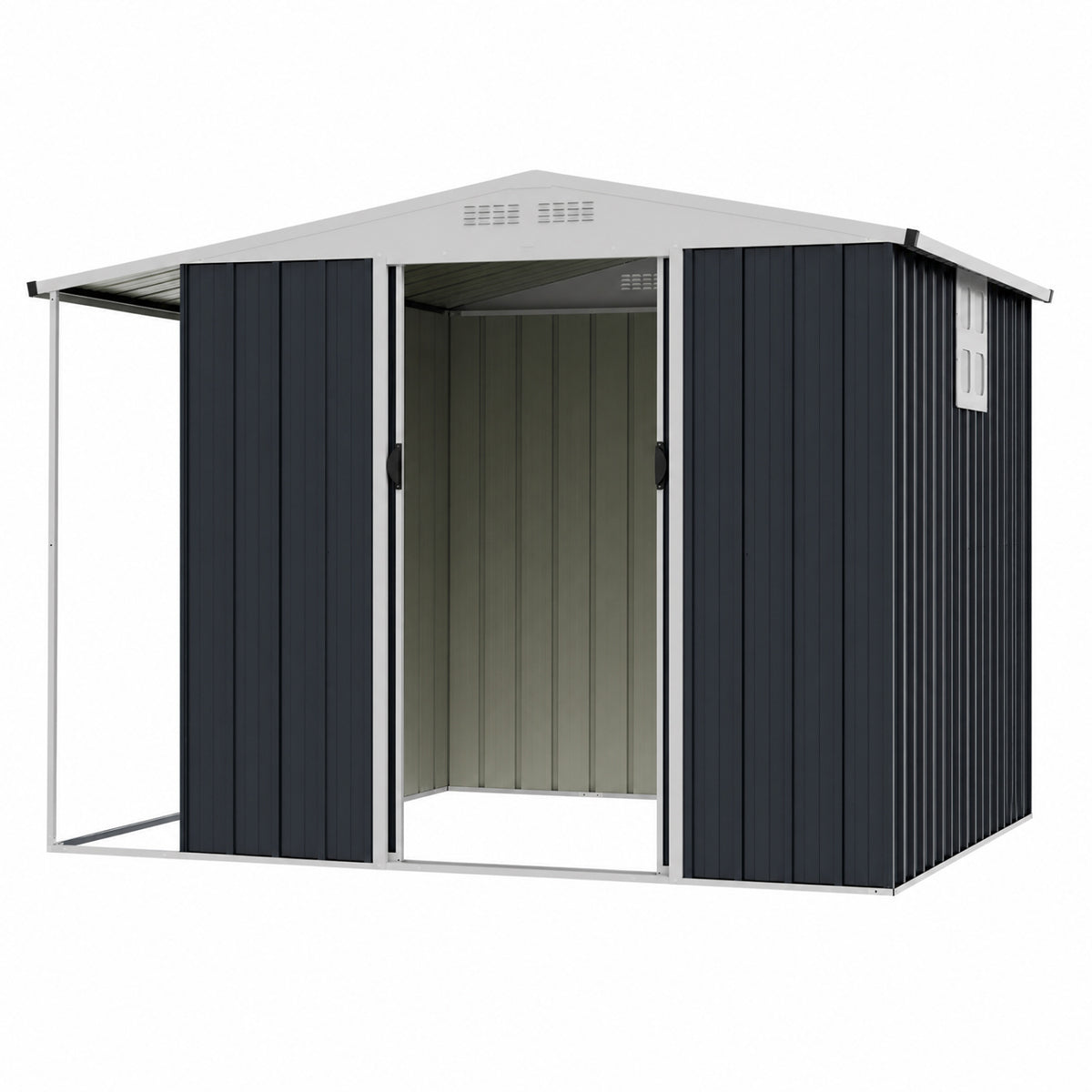 Outdoor Storage Shed with Lockable Double Sliding Door and Open Firewood Bay-Gray
