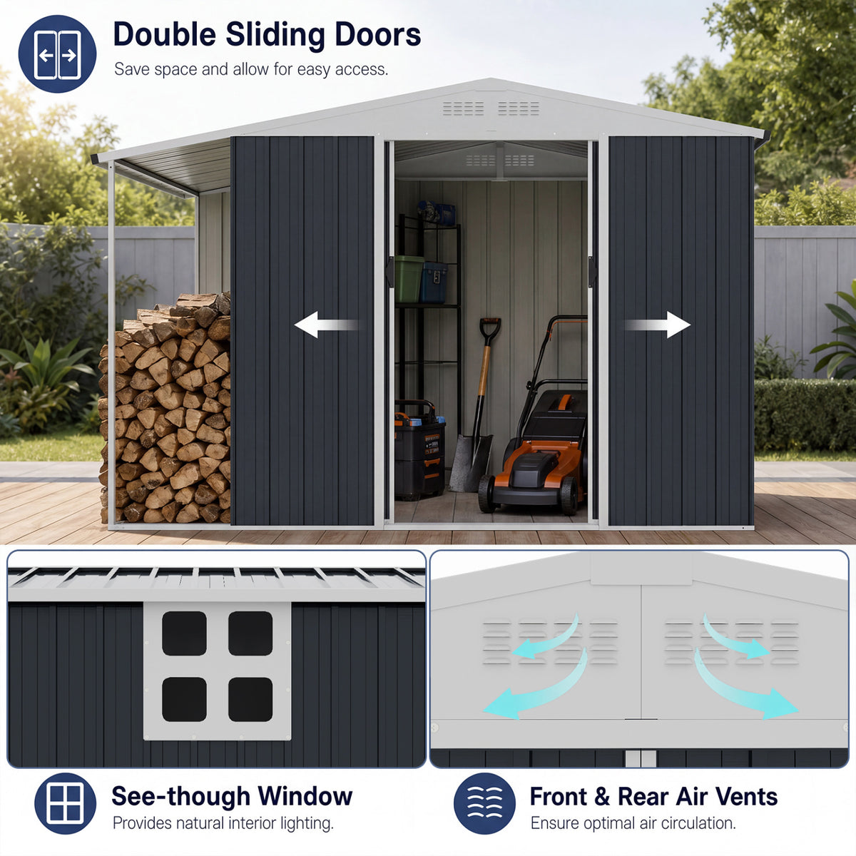 Outdoor Storage Shed with Lockable Double Sliding Door and Open Firewood Bay-Gray view 5