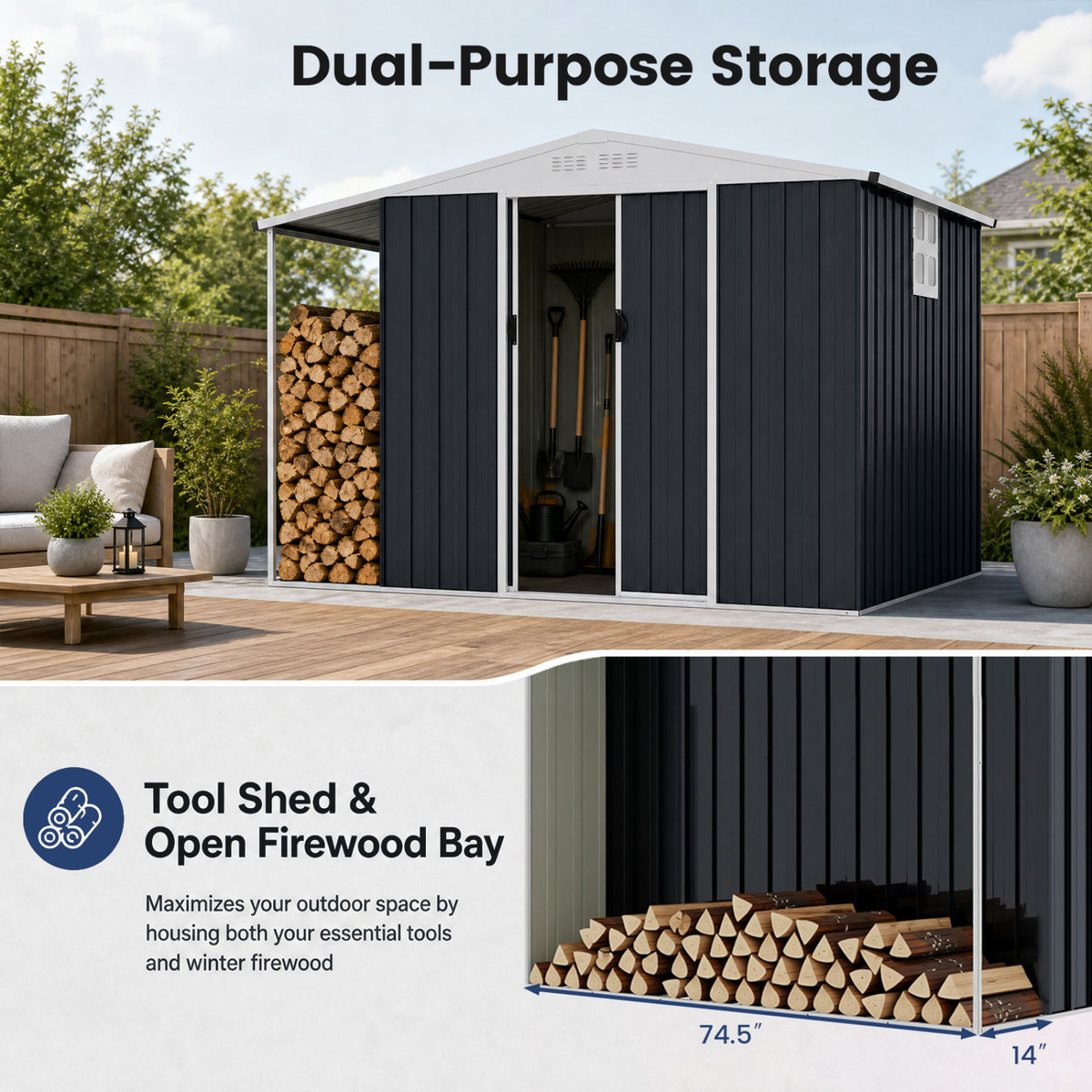 Outdoor Storage Shed with Lockable Double Sliding Door and Open Firewood Bay-Gray view 6