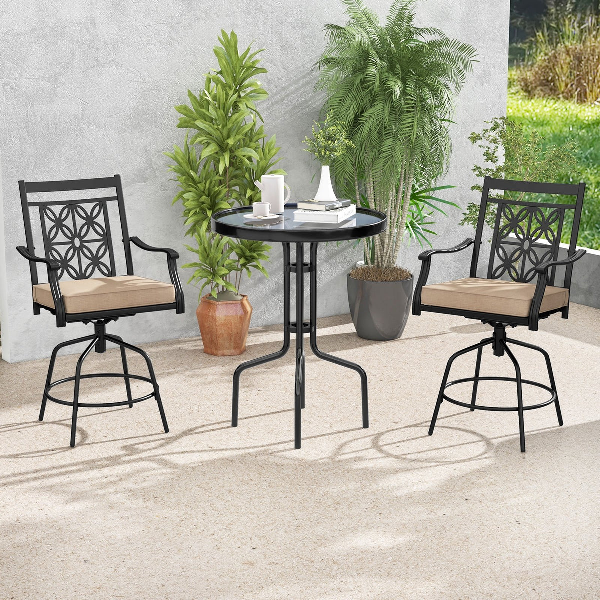 Outdoor Swivel Bar Stools Set of 2 with Seat Cushions-Brown view 2
