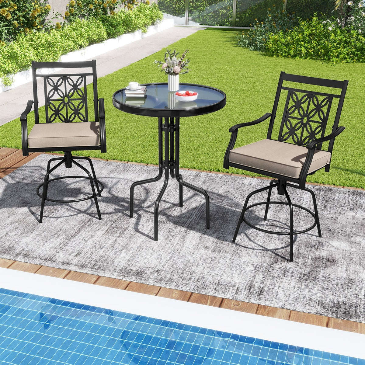 Outdoor Swivel Bar Stools Set of 2 with Seat Cushions-Brown view 3