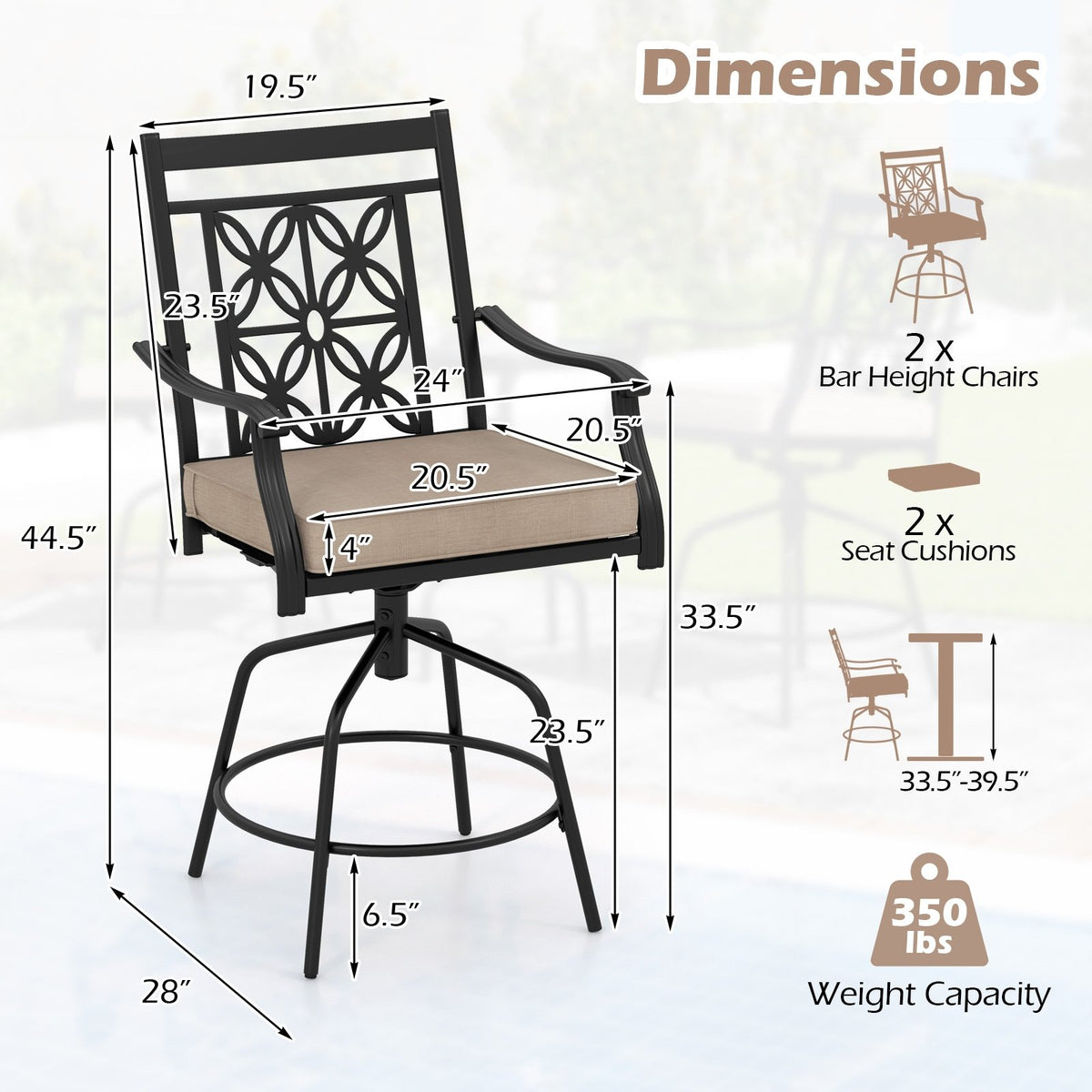 Outdoor Swivel Bar Stools Set of 2 with Seat Cushions-Brown view 4