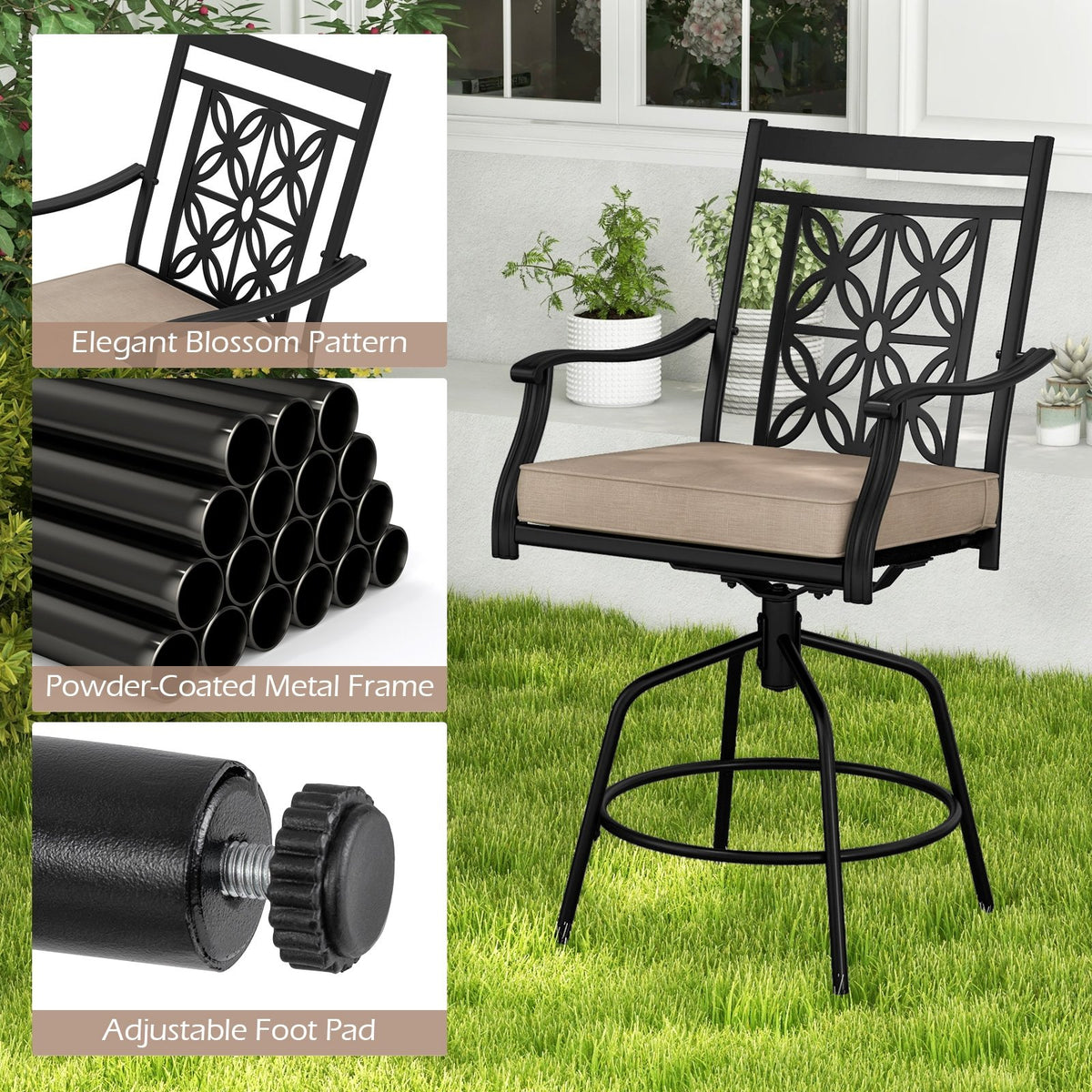 Outdoor Swivel Bar Stools Set of 2 with Seat Cushions-Brown view 6