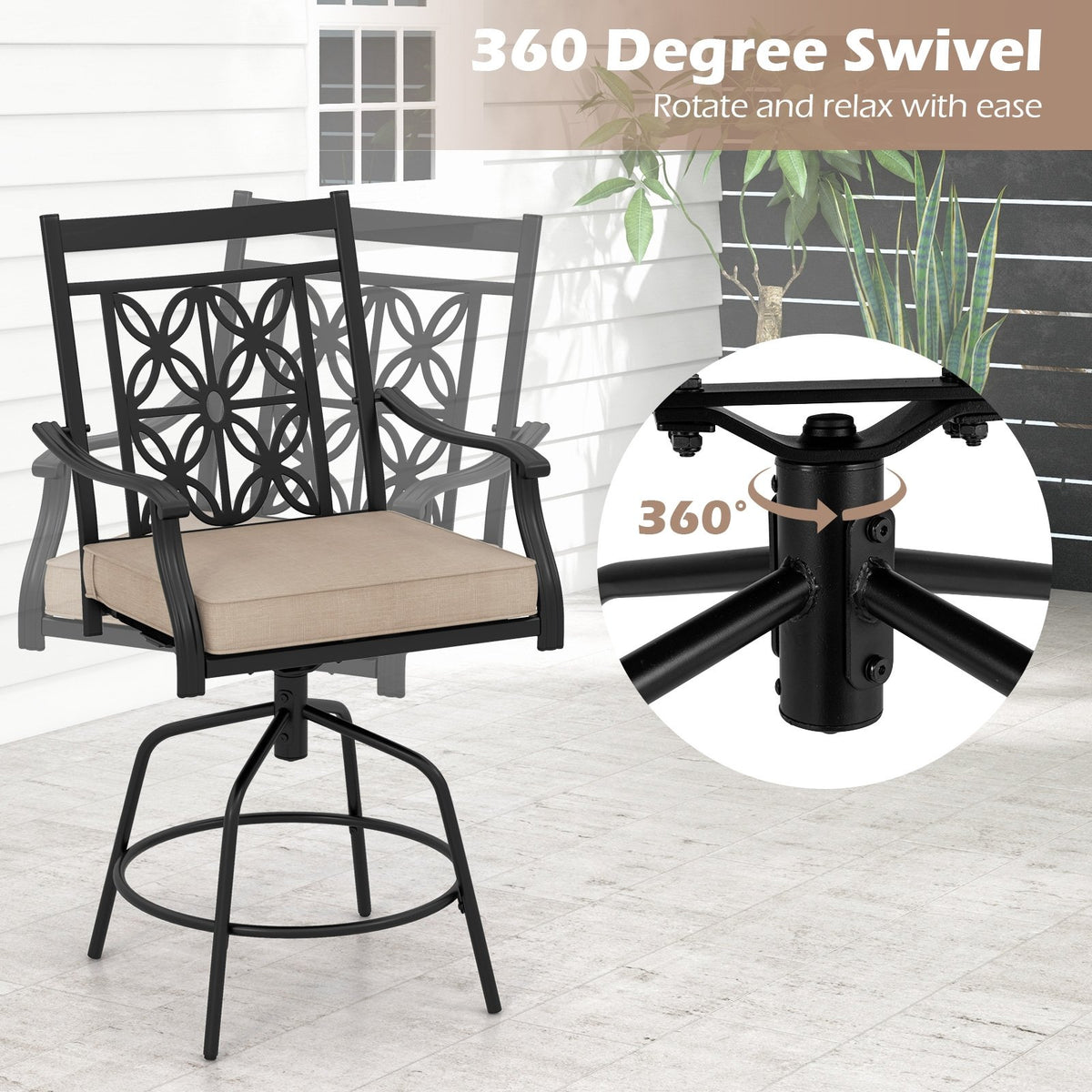 Outdoor Swivel Bar Stools Set of 2 with Seat Cushions-Brown view 7