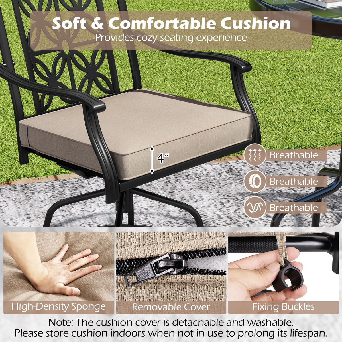 Outdoor Swivel Bar Stools Set of 2 with Seat Cushions-Brown view 9