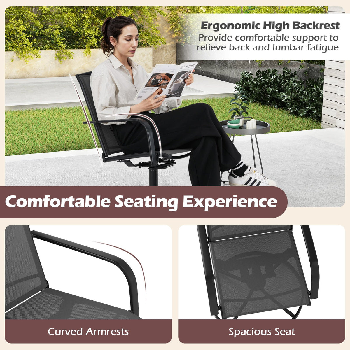 Outdoor Swivel Chairs Set of 2 with High Back and Breathable Seat-Black view 6