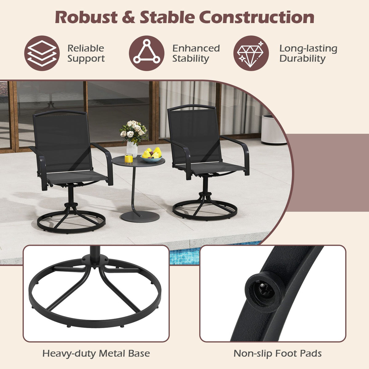 Outdoor Swivel Chairs Set of 2 with High Back and Breathable Seat-Black view 7