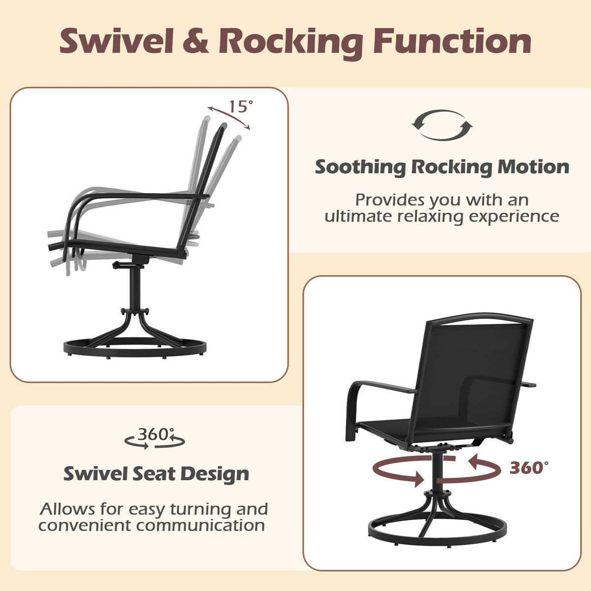 Outdoor Swivel Chairs Set of 2 with High Back and Breathable Seat-Black view 8