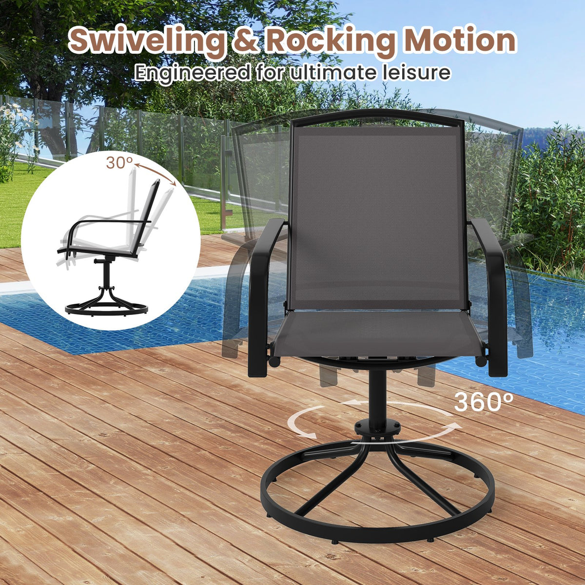 Outdoor Swivel Chairs Set of 2 with High Back and Breathable Seat-Gray view 8