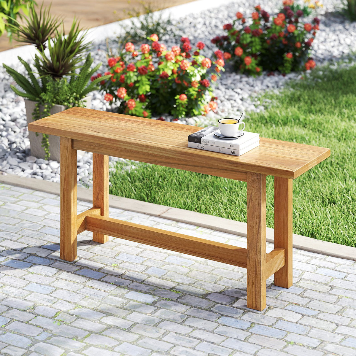 Outdoor Teak Wood Bench for Porch Backyard and Poolside view 2