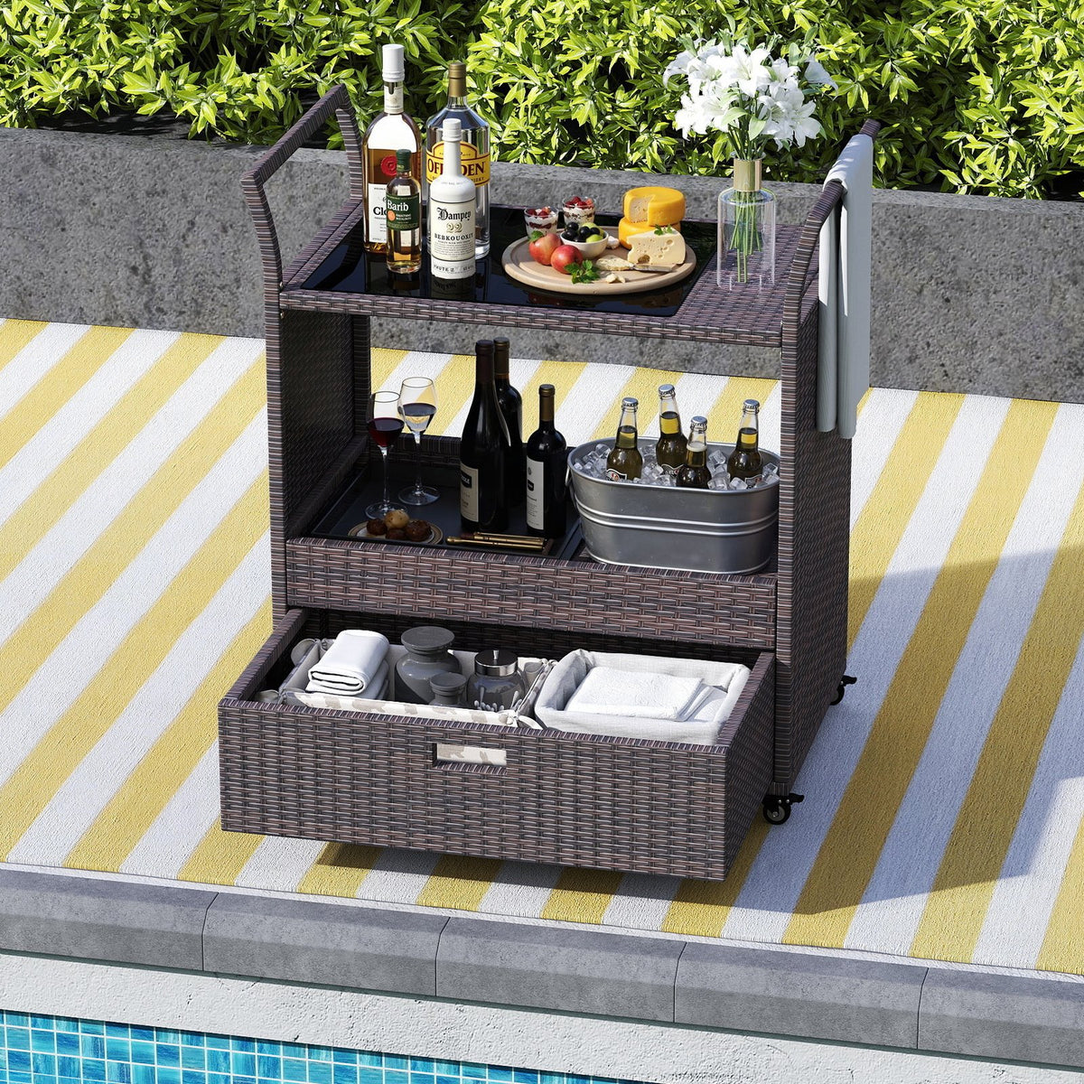Outdoor Wicker Bar Cart Table with Tempered Glass Top view 2
