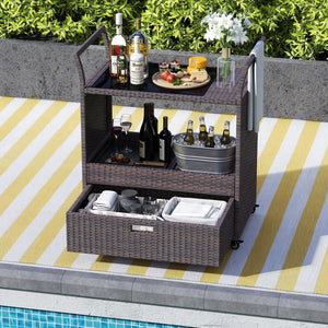 Outdoor Wicker Bar Cart Table with Tempered Glass Top view 2