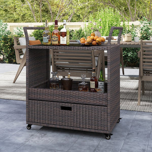 Outdoor Wicker Bar Cart Table with Tempered Glass Top view 3
