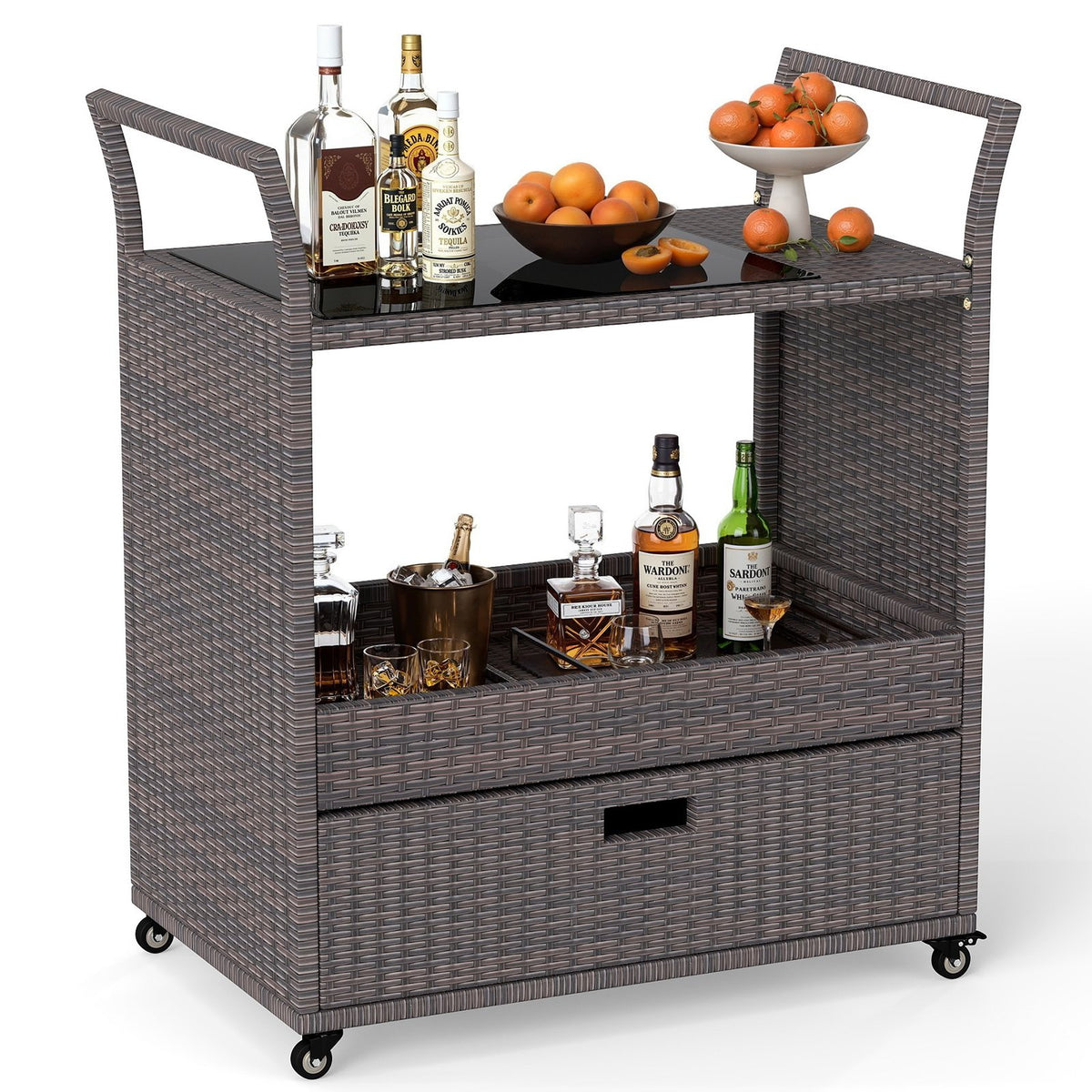 Outdoor Wicker Bar Cart Table with Tempered Glass Top view 4