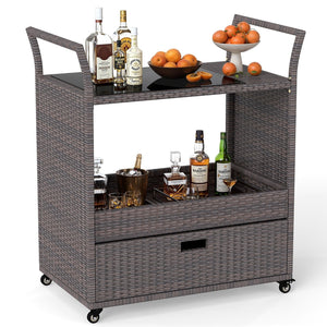 Outdoor Wicker Bar Cart Table with Tempered Glass Top view 4