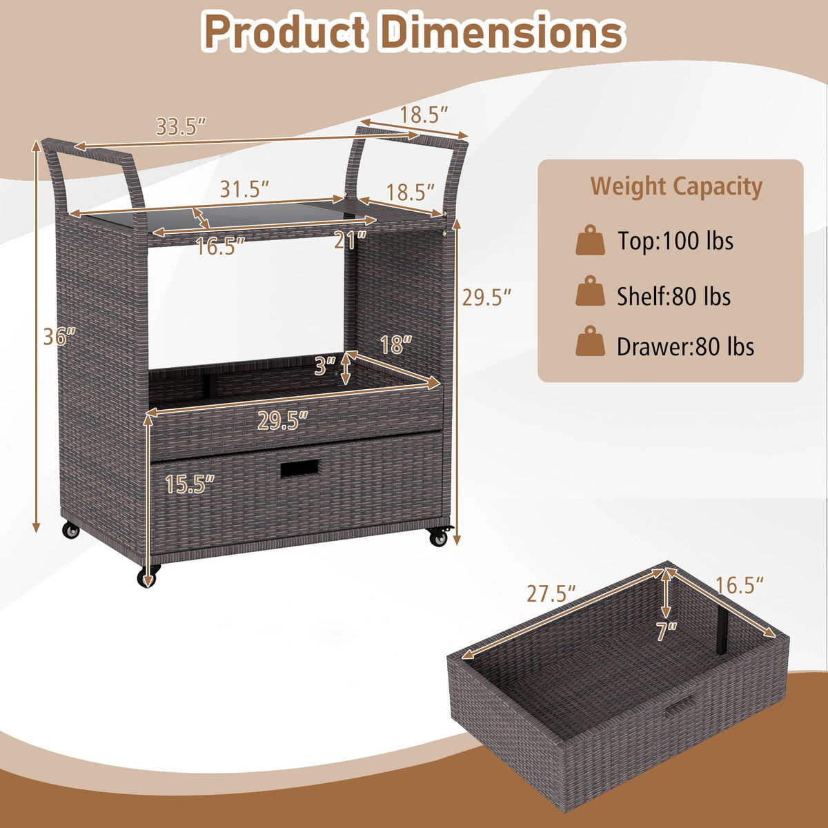 Outdoor Wicker Bar Cart Table with Tempered Glass Top view 5