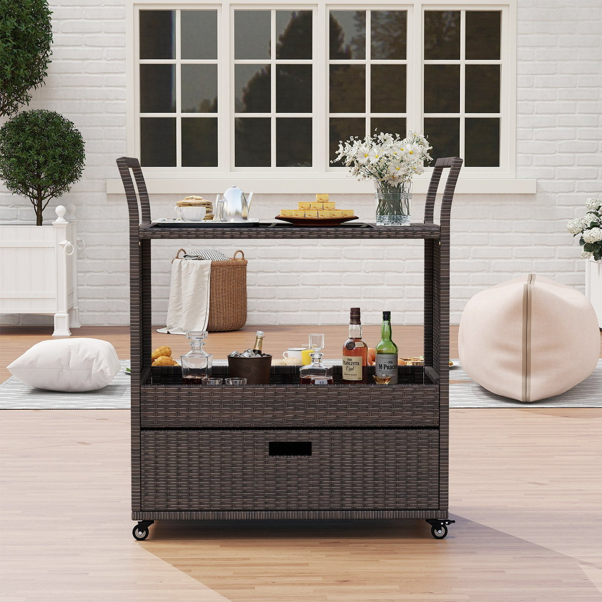 Outdoor Wicker Bar Cart Table with Tempered Glass Top view 7
