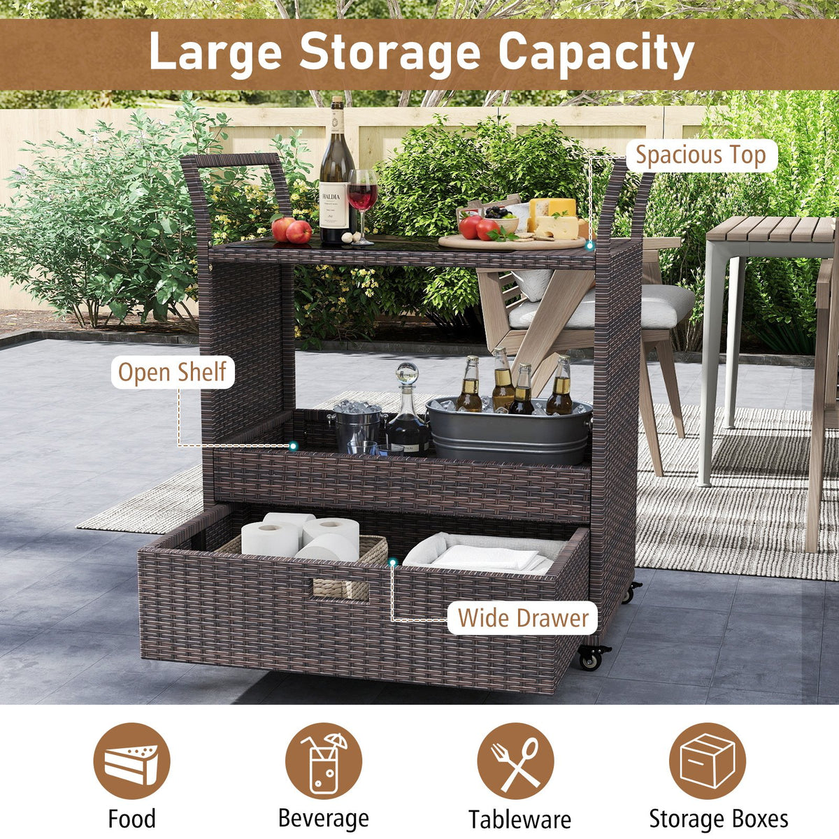 Outdoor Wicker Bar Cart Table with Tempered Glass Top view 8