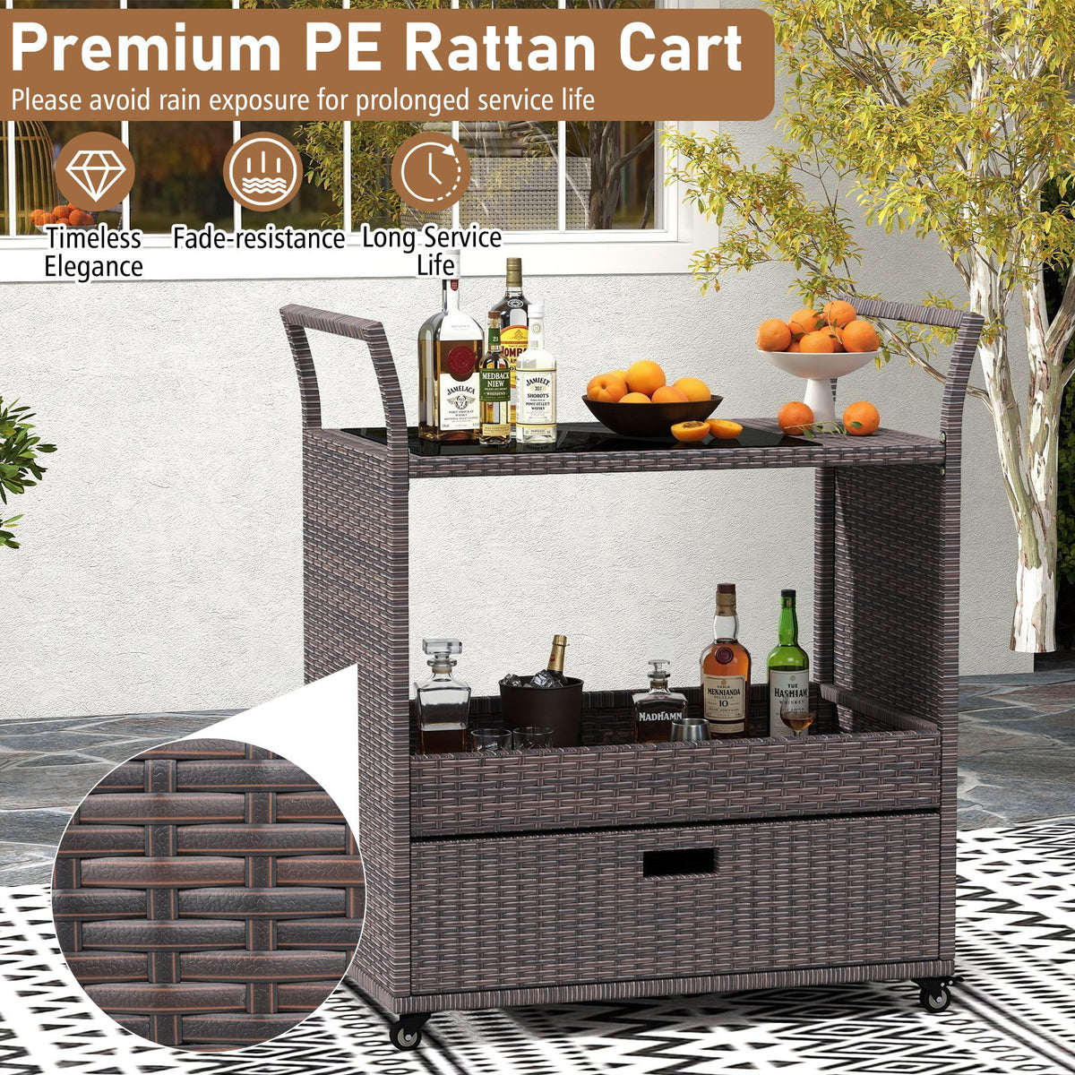 Outdoor Wicker Bar Cart Table with Tempered Glass Top view 9