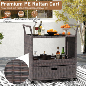 Outdoor Wicker Bar Cart Table with Tempered Glass Top view 9