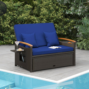 Outdoor Wicker Daybed with Folding Panels and Storage Ottoman-Navy view 2