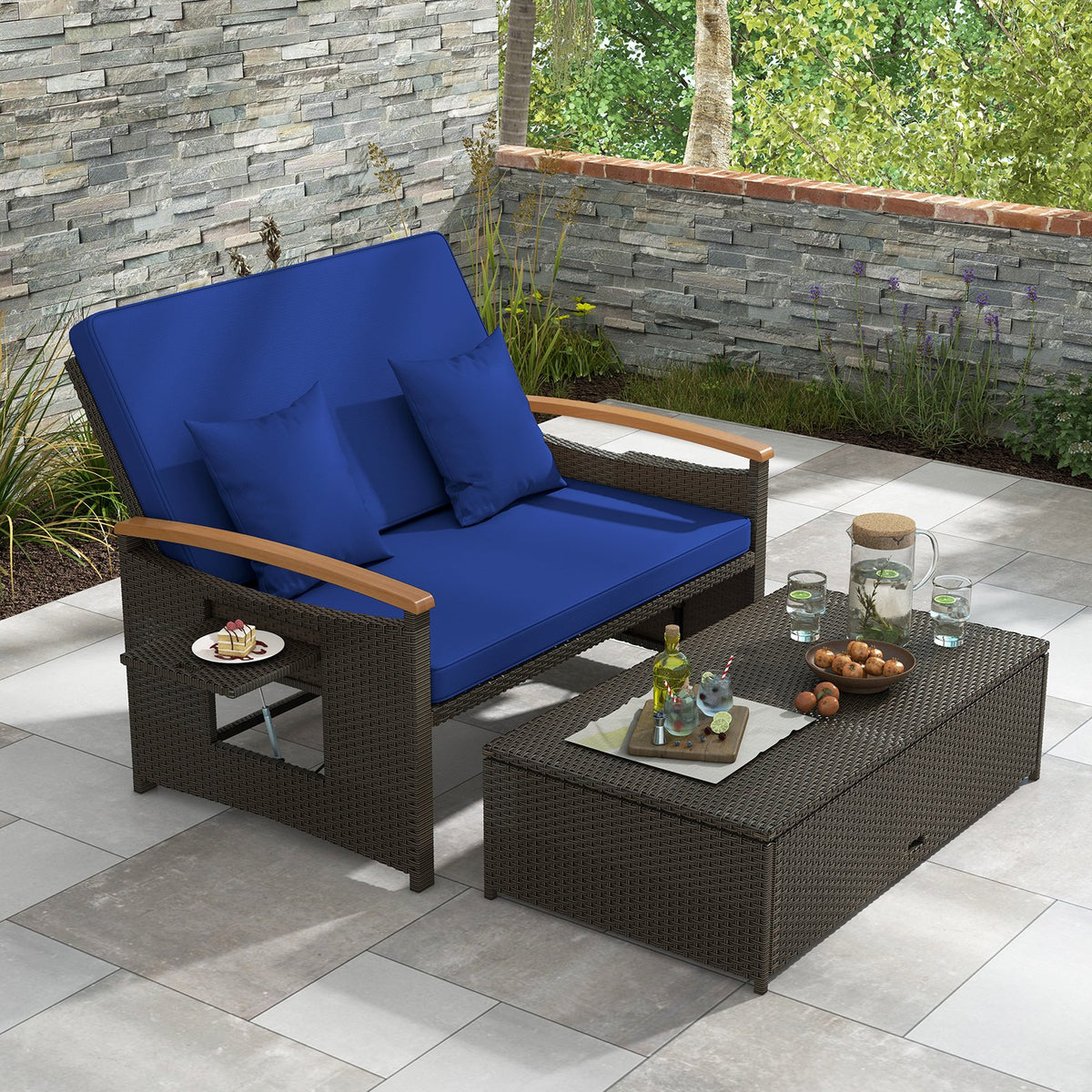 Outdoor Wicker Daybed with Folding Panels and Storage Ottoman-Navy view 3