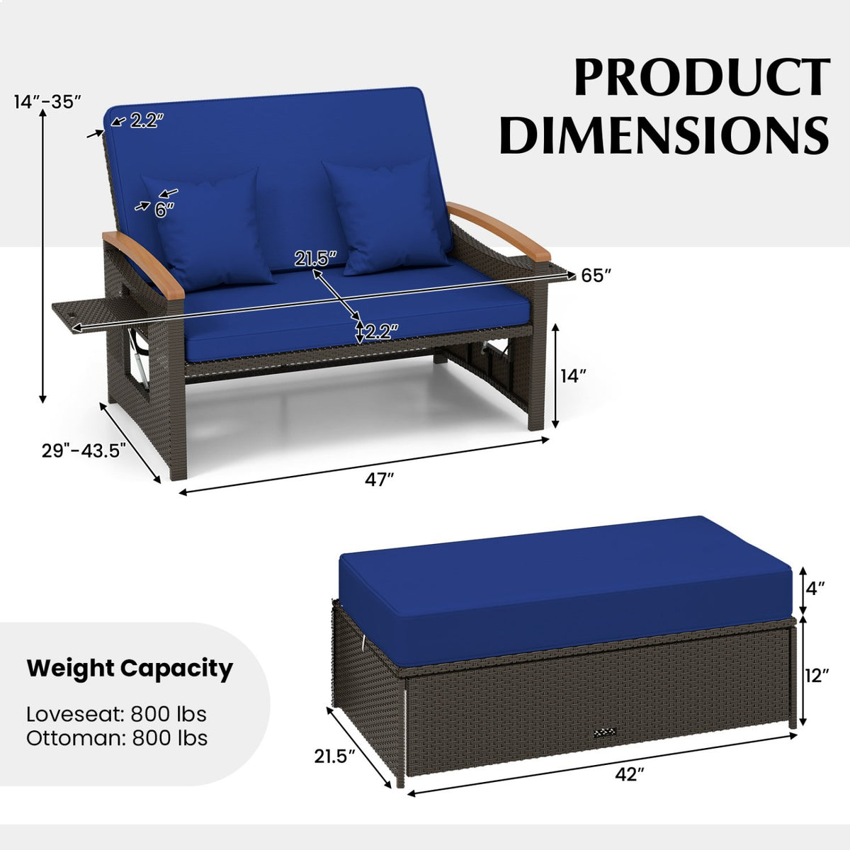 Outdoor Wicker Daybed with Folding Panels and Storage Ottoman-Navy view 4