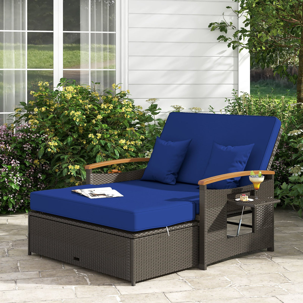 Outdoor Wicker Daybed with Folding Panels and Storage Ottoman-Navy view 5
