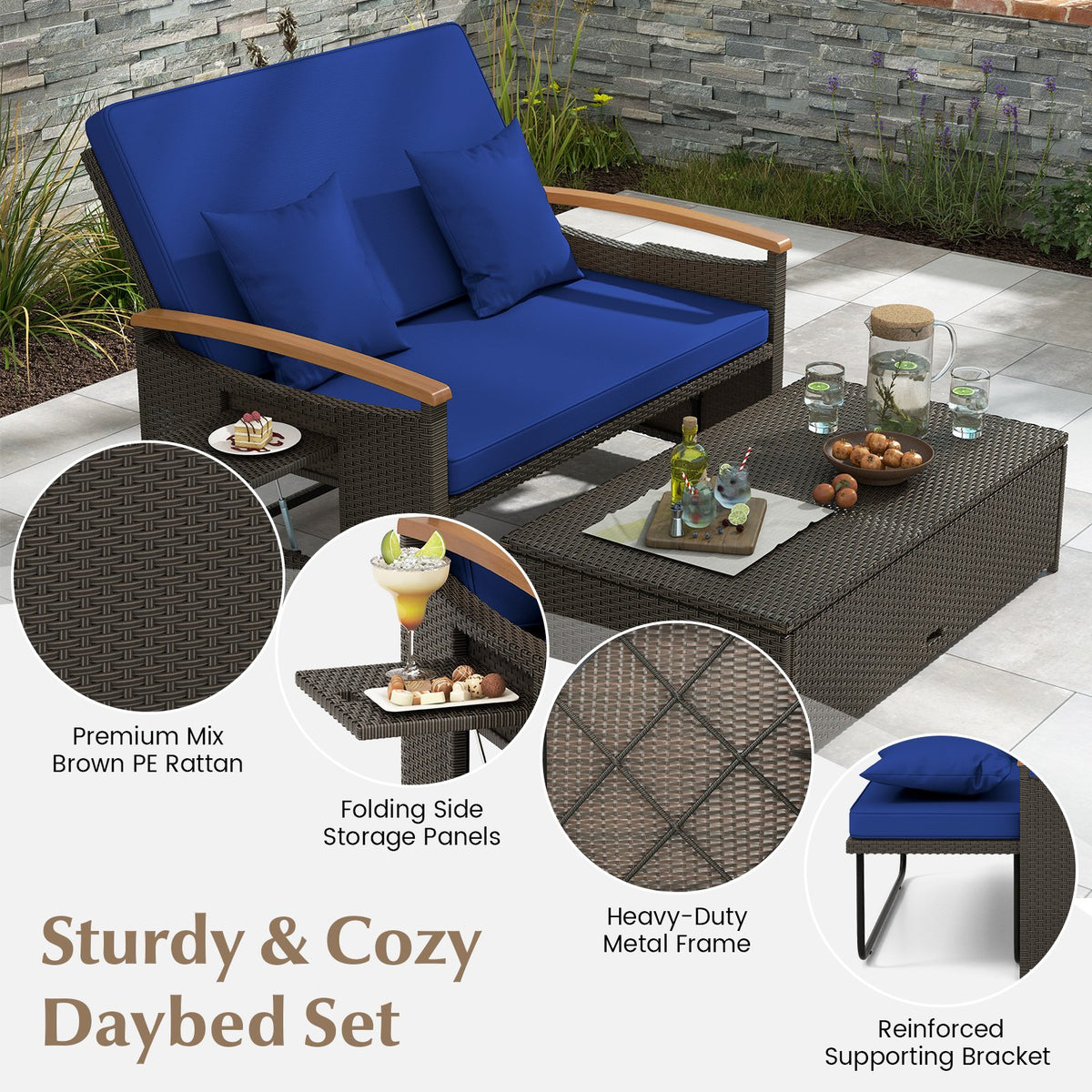 Outdoor Wicker Daybed with Folding Panels and Storage Ottoman-Navy view 8