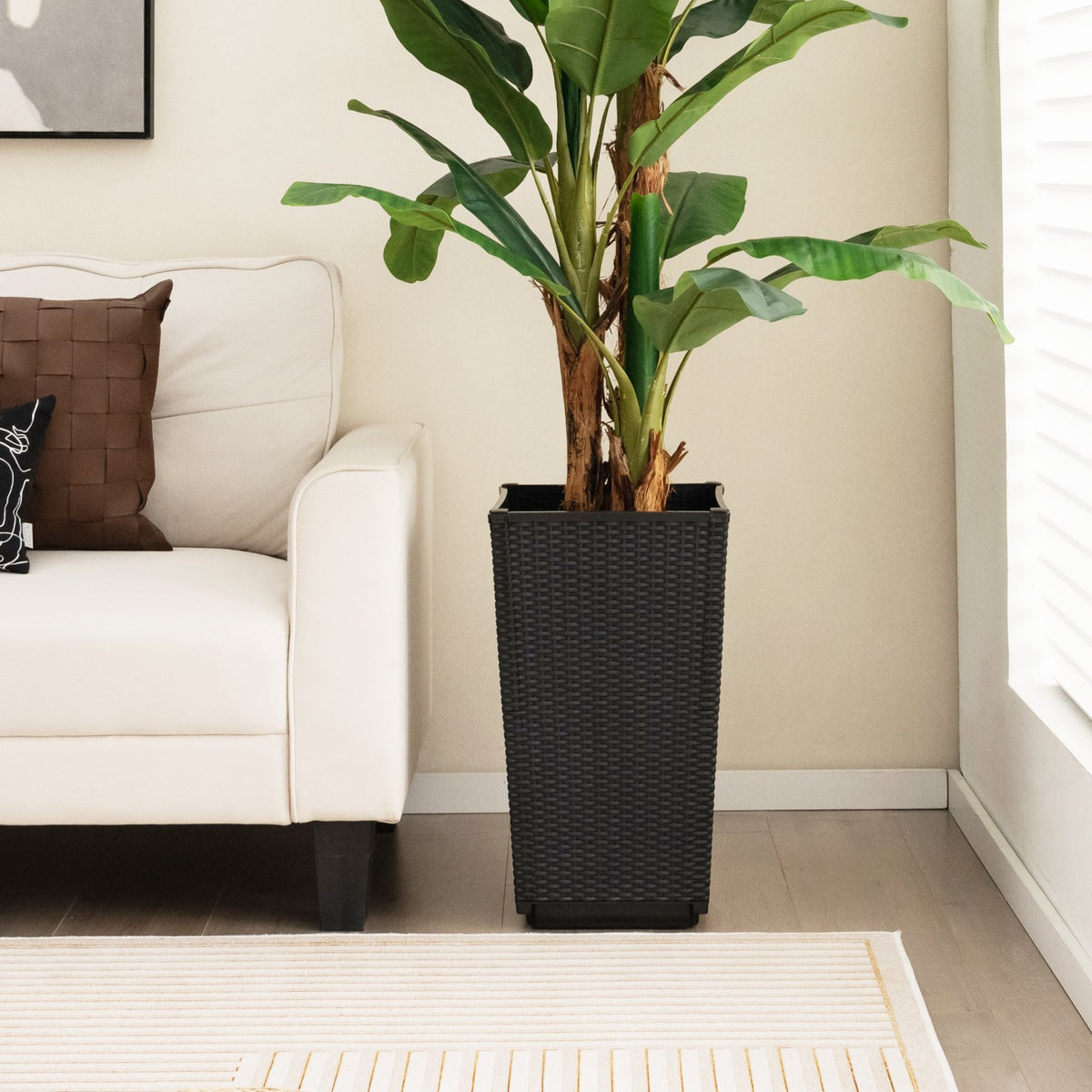 Outdoor Wicker Flower Pot Set of 2 with Drainage Hole for Porch Balcony view 2