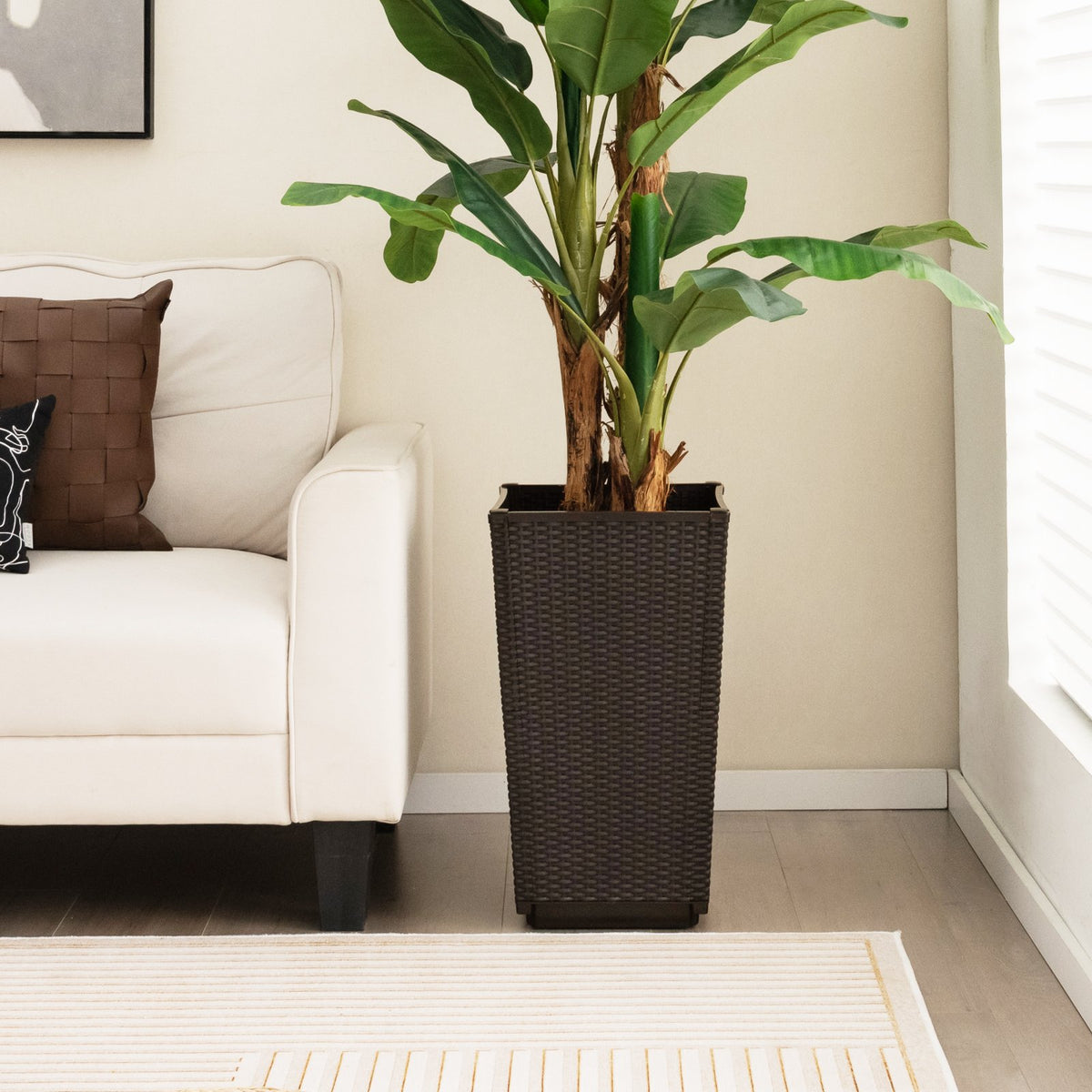 Outdoor Wicker Flower Pot Set of 2 with Drainage Hole for Porch Balcony-Brown view 2
