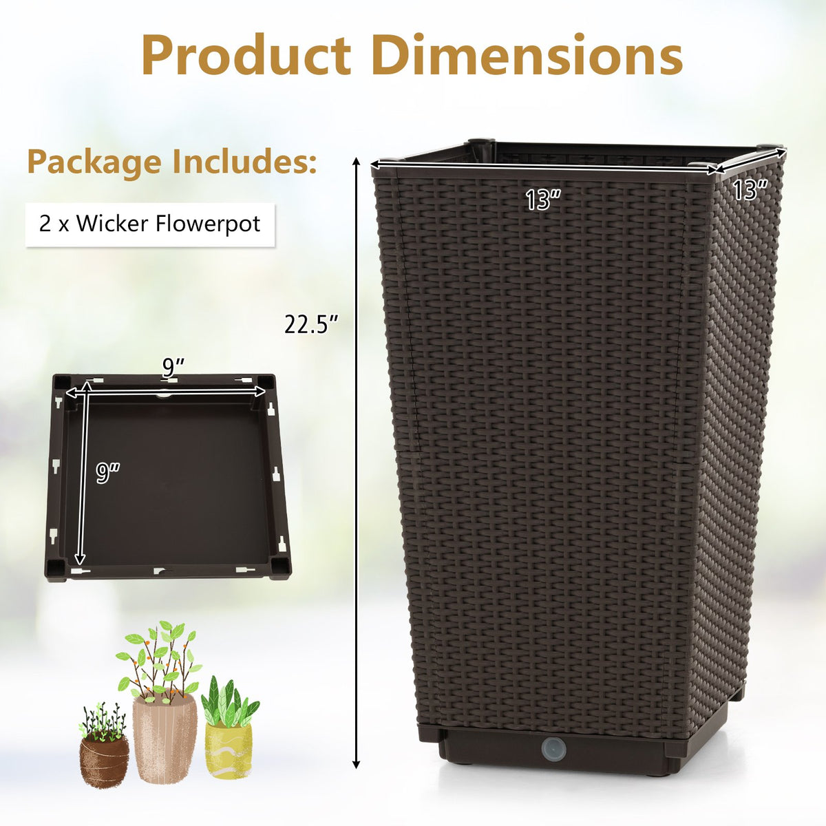 Outdoor Wicker Flower Pot Set of 2 with Drainage Hole for Porch Balcony-Brown view 5