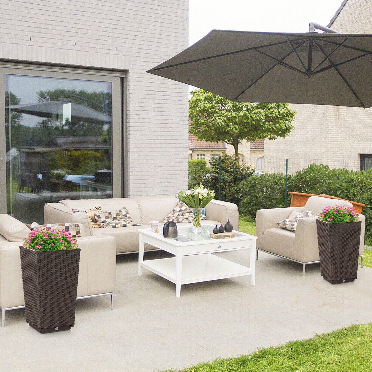 Outdoor Wicker Flower Pot Set of 2 with Drainage Hole for Porch Balcony-Brown view 6