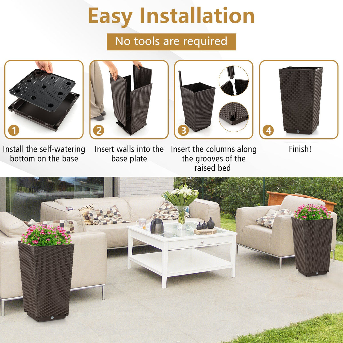 Outdoor Wicker Flower Pot Set of 2 with Drainage Hole for Porch Balcony-Brown view 7