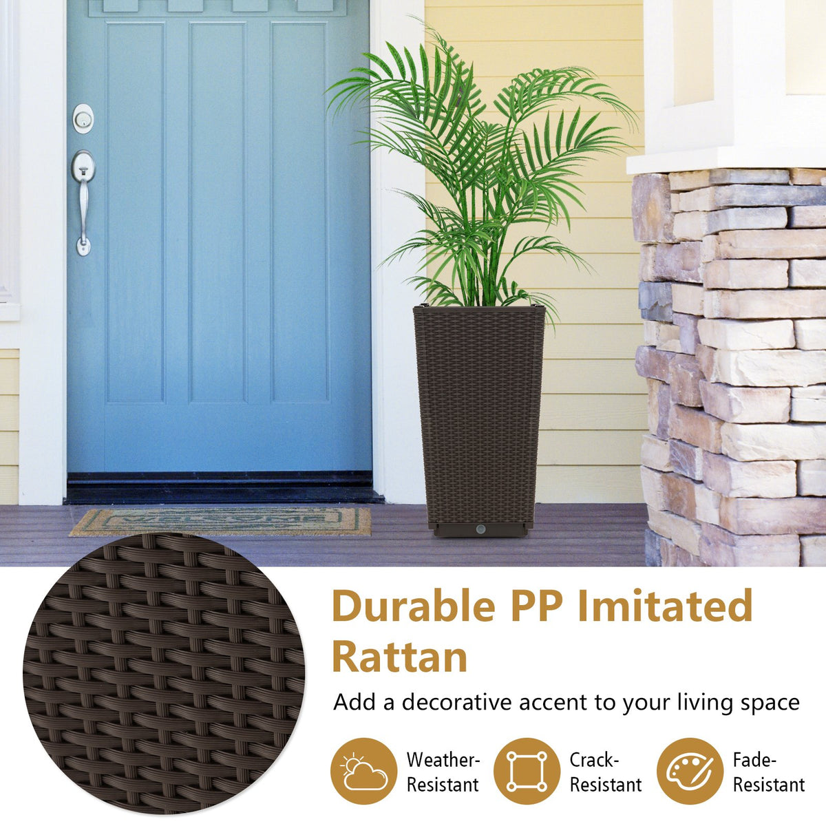 Outdoor Wicker Flower Pot Set of 2 with Drainage Hole for Porch Balcony-Brown view 9