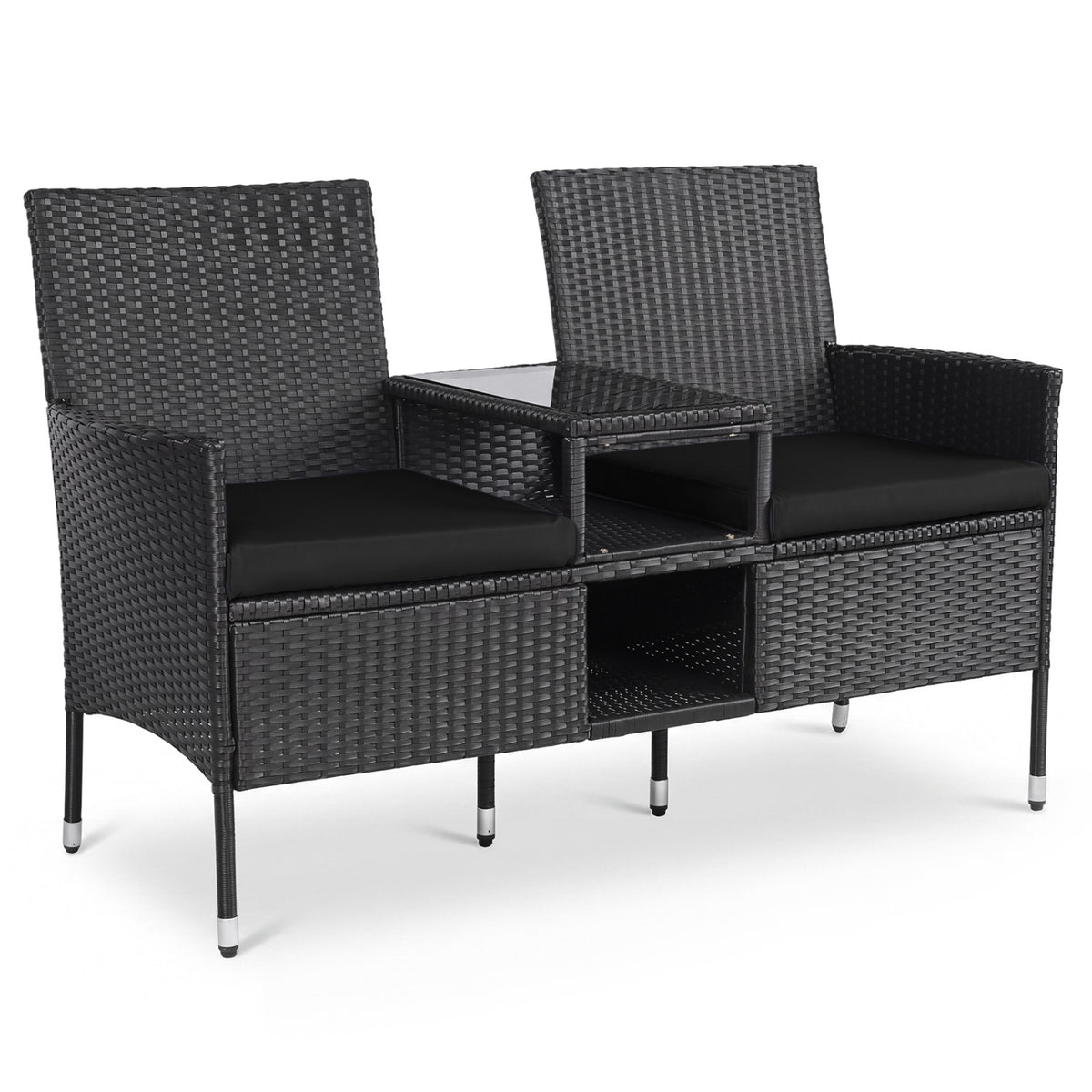 Outdoor Wicker Patio Loveseat with Built-in Glass Side Table-Black
